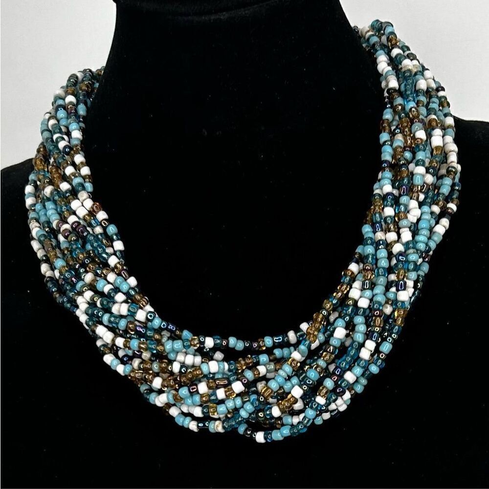 Multi-strand Beaded Necklace 20" Blue Tan Seed Beads 15-Strand Boho Fashion